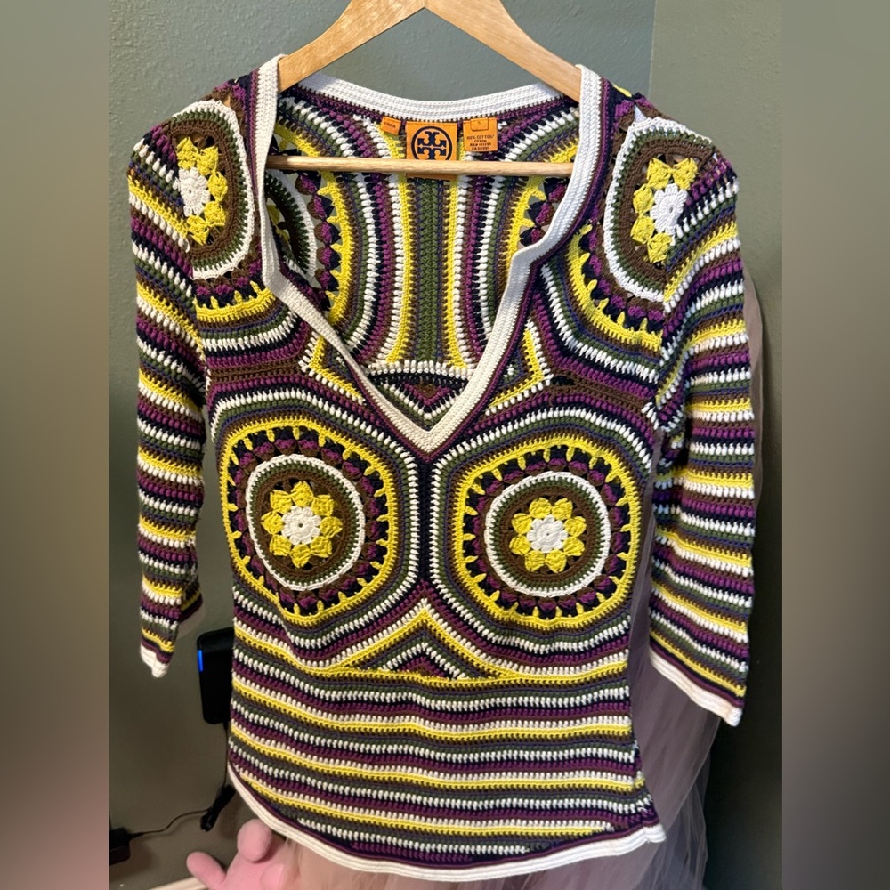 Tory Burch Women’s S Sweater Crochet Knit V-neck Multicolor Flower Floral Summer